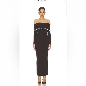 Off-Shoulder Black Pearl-Trim Knit Dress